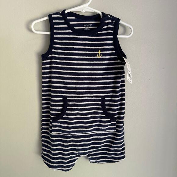 NWT Carter’s Baby Boy size 18 Month French Terry Striped Nautical Blue Romper - Picture 1 of 5